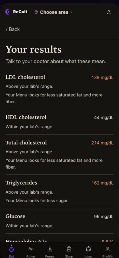 Your results screen listing lab values against the lab’s range