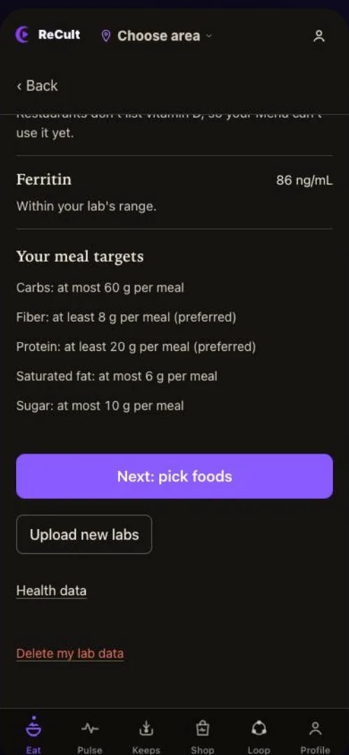Your meal targets screen