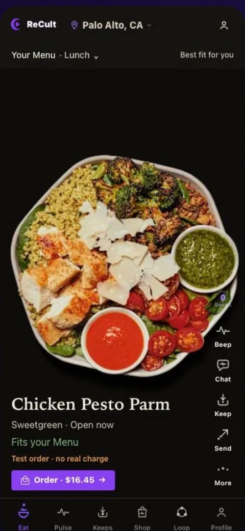 Your Menu showing Chicken Pesto Parm, marked Fits your Menu