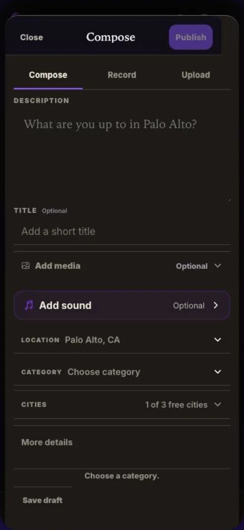 Pulse Compose screen with Compose, Record and Upload tabs and Location, Category and Cities rows