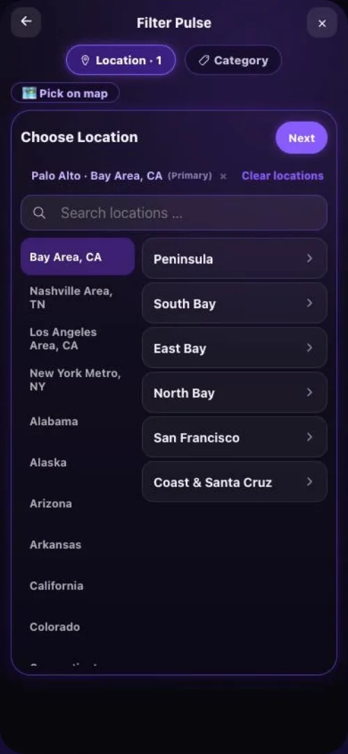 Filter Pulse by location: states, metros and areas