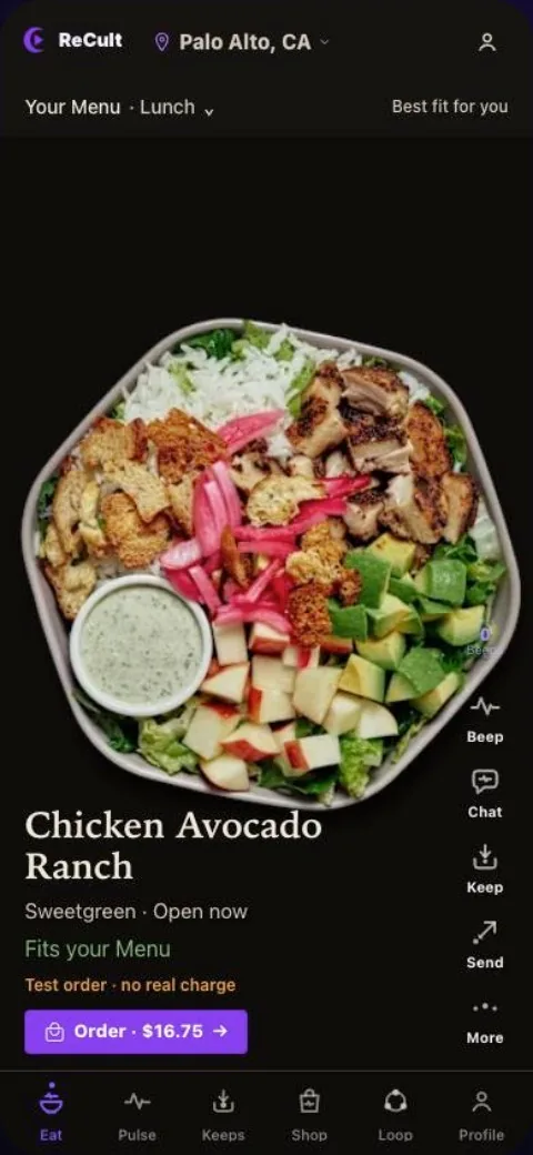 Menu dish, Chicken Avocado Ranch, with the app’s six-tab bar along the bottom