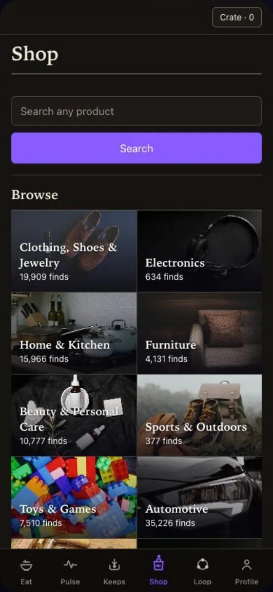 Shop home with a search box and departments to browse