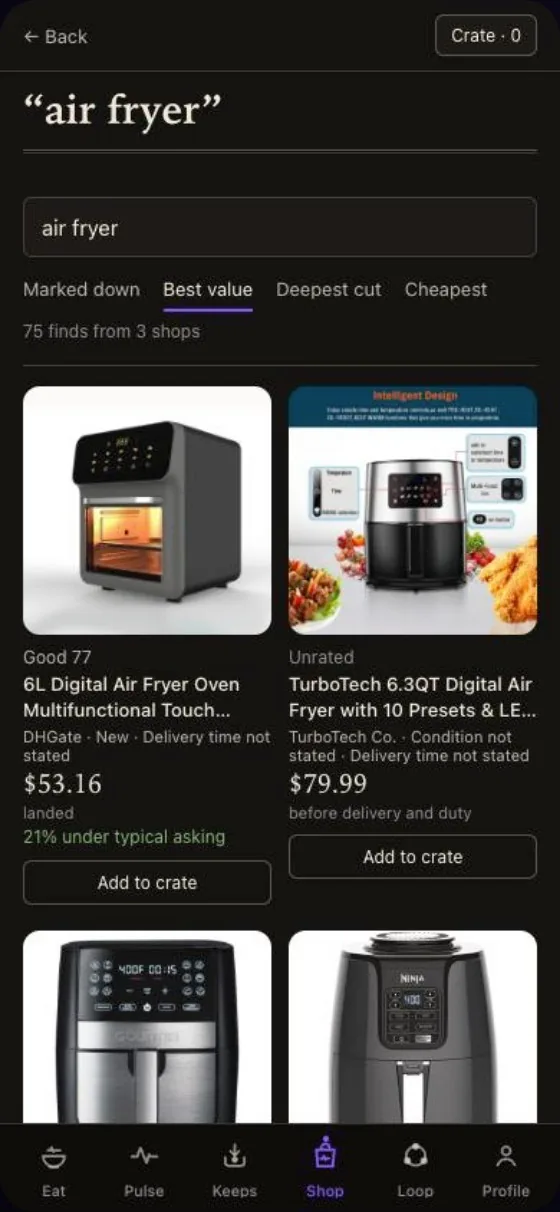 Shop search results for air fryer, sorted by best value, with landed prices and Add to crate buttons